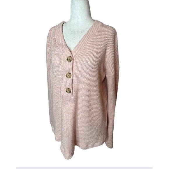 J Jill Sweater Pullover Henley V-Neck Long Sleeve Button Front Waffle Pink SZ S - Picture 5 of 12